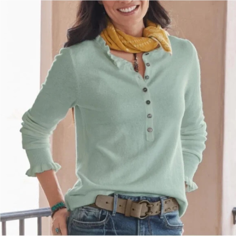 Mint Green Button-Up Sweater with Yellow Scarf